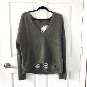 EXPRESS Army Green High Low VNeck Knit Sweater w/ Cut-Outs Large